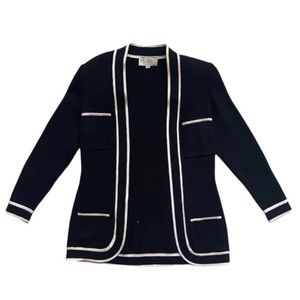 St. John Sportswear By Marie Gray Black Open Knit Cardigan w/White Trim, Small